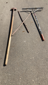 36” Landscape rake, long handle shovel and (2) large pro-bars