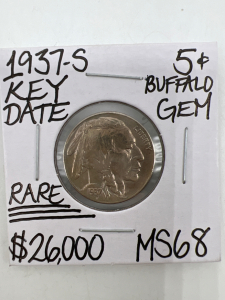 1937-S MS68 RARE KEY DATE GEM BUFFALO NICKEL