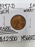 1937-D MS68RD RARE GEM WHEAT COPPER PENNY