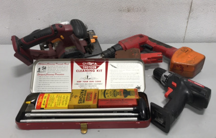 Milwaukee Cordless Drill w/ Battery & Extra Battery, Chicago Electric Cordless Skillsaw, Drill Master Cordleses Drill, Outers Gunslick Shotgun Ceaning Kit