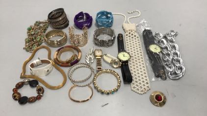 Various Costume Jewelry Assesories. Bracelets, Necklaces, Watches