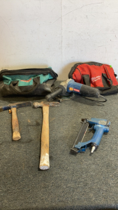 (1) Ryobi Grinder (1) Air Compression Stapler (2) Hammer (1) Milwaukee Tool Bag (1) Makita Tool Bag