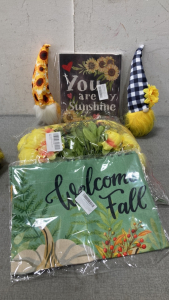 Sunflower Gnomes, Plaque , Silk Flowers and ‘Welcome Fall’ Garden Flag