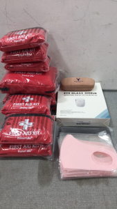 (2) Large First Aid Kits, (7) Small First Aid Kits, Safety Glasses, Face Shield, (16) Cloth Masks