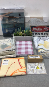 (2) Beach Mats, (2) Shower Curtains, (4) Pillowcases, Fake Succulent Planter and more