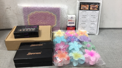 Beauty Palette, Makeup Stencils, (2) Packages Hair Clips, (4) Pimple Popper Kits, (2) Set of Press-on Nails, B12 Spray