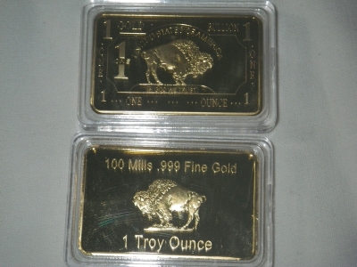 (2) PLATED Buffalo 1 Ounce Gold Layered Bars