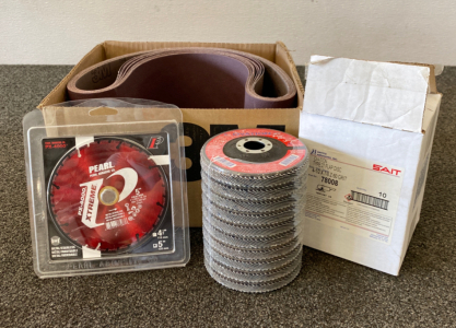 6”x 48” Grade 80 Sanding Belts, Pearl Abrasive 4.5” Saw Blade, and Sait Ovation Flap Disc