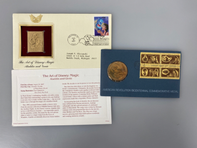 First Day of Issue Gold Plated Aladdin Stamp, and a Bicentennial Commemorative Medal