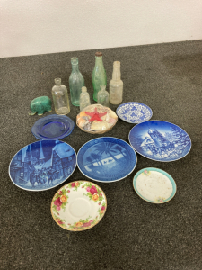Glass Plates, Seashells, Vintage Glass Bottles