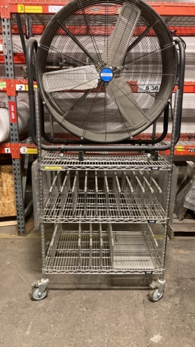 Metal Wheeled Rack with Shop Fan Mounted on Top