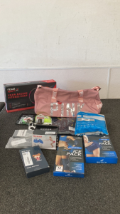 Pink Duffel Bag With Assorted Sports/Fitness Items