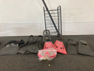 (8) Scuba flippers, cart, Goggles