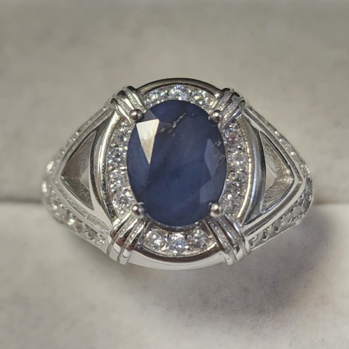 $790 Silver Blue Sapphire(2.5ct) CZ(0.9ct) Ring