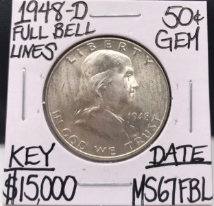 1948-D MS67 Full Bell Lines Franklin 1/2 Dollar