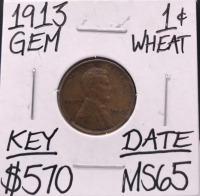 1913 MS65 Key Date Gem Wheat Penny