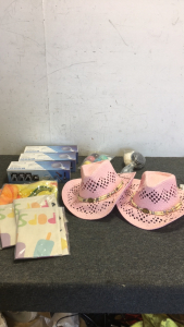 (3) Srmsvya Slim Waist Shower Heads (2) Pink Western Cowboy Hats (5) Various Fall Decorations (6) Kids Toys In Eggs (1) Shower Loofa Set