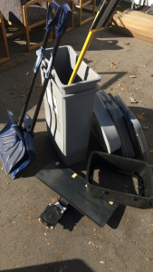 (2) 30&rdquo; Tall Trash Cans With Lids (2) Ames Artic Blast Snow Shovels (1) Monitor Stand (1) Diaper Changing Station