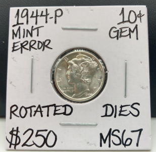 1944-P MS67 Mint Error Mercury Silver Dime