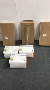 (3) Boxes of Plastic Champagne glasses, (3) Packs of 100 Face Masks