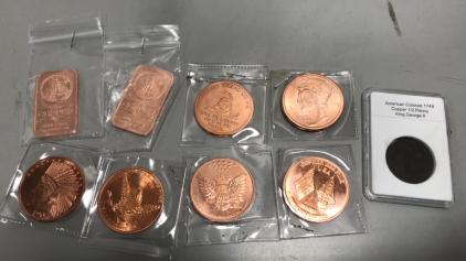 (1) 1749 Colonial Copper 1/2 Penny King George II (6) 1 oz. .999 Copper Round, Afganistan War Veteran-Don&rsquo;t Tread On Me-Monitor vs Virginia Civil War Battle-Indian Head-Memento Mori. (2) 1 oz. .999 Copper Bar
