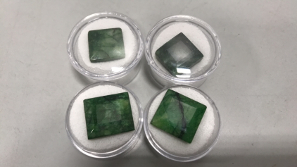 (4) Emerald Cut and Faceted Brazilian Emeralds between 16.55ct. To 21.2ct.