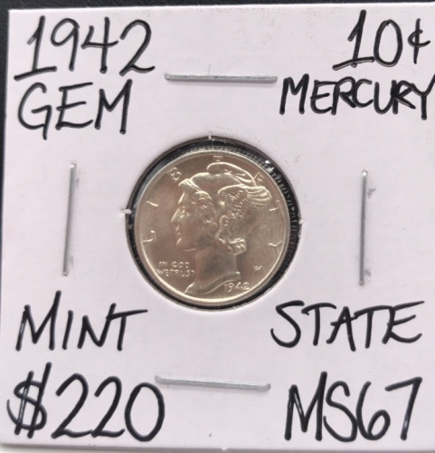 1942 MS67 Gem Mercury Silver Dime