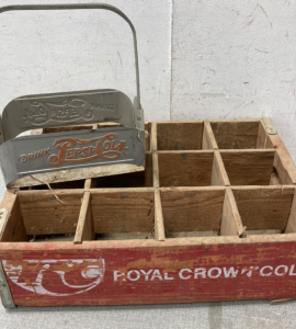 Wooden RC Cola Crate and Metal Pepsi-Cola Carrier