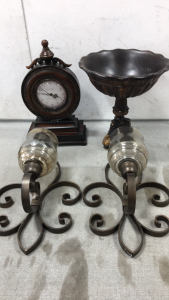 Clock, Standing Bowl, (2) Sconces