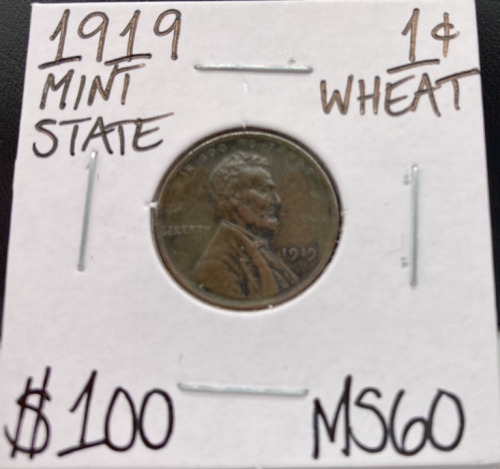 1919 MS60 Mint State Antique Wheat Penny