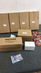 (4) Box of Plastic Champagne Glasses, (2) Pk of Mugs, Small Dog Collar and More