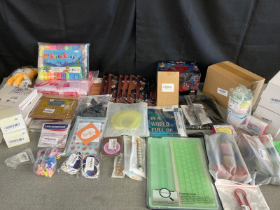 Large Box of Assorted Amazon Items- New items in original Packing- Items may or may not include and are just examples of the following: Toys, Fidget Poppers, Tumblers, Plush, Cups, Betting, Sporting Goods, Kitchenware, crafting, small tools, costume jewel