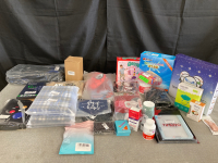 Large Box of Assorted Amazon Items including the following: IPad cases, mens and womens clothing, Fleece Cage Liners, Moving Sand Art, Childrens Toys, Christmas Decor, inflatable bathtub, Spider-Man Costume, plus More