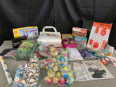 Large Box of Amazon Cosumer Goods. Includes assorted and various items, new and in original packaging. Examples: toys, home decor, holiday items, plush, kitchenware, cases, costume jewelry, Storage Containers, etc.