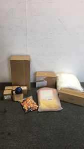 (5) Manual Massager Balls (1) Dryer Sheet Dispenser (1) Mop Replacement Head (100) 5.9&rdquo; x 8.6&rdquo; Mylar Bags (2) boxes Of Plastic Champagne Flutes (1) Bag Of Beads (1) Htb Bamboo Butter Dish