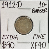 1912-D XF402 Extra Fine Barber Silver Dime