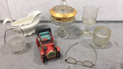 (4) Decorative Glassware, (1) Ceramic Graveboat, (1) Vintage Eyeglasses, (1) Metal Toy Car
