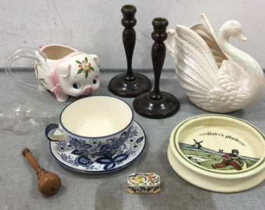 (2) Swan Planters, (1) Piggy Bank Planter, (2) Wood Candlesticks, Cup and Saucer and more