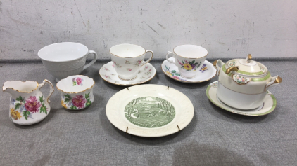 (2) Tea Cups and Saucers, (1) Decorative Plate, (1) Serving Dish and Saucer, and more