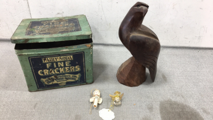 (1) Wood Bird Sculpture, (1) Fairy Soda Crackers Tin Box, (2) Angel Ornaments