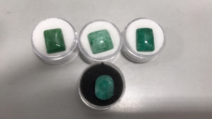 (3) Brazilian Cabochon Emeralds polished- (1) Oval Brazilian Cabochon Emerald cut and faceted