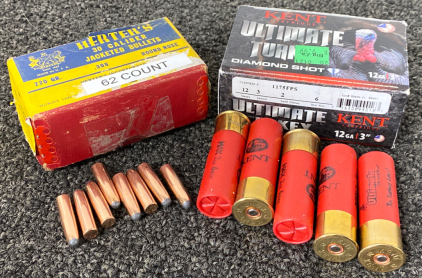 Herters 30 Caliber Jacketed Bullets (62 count) and Kent Ultimate Turkey Diamond Shot 12 GA 3” Shotgun Shells (5 count)