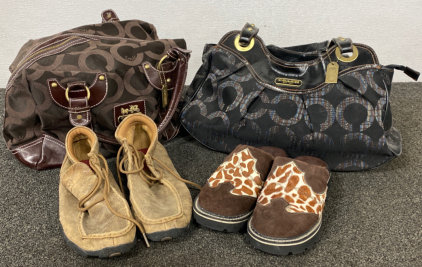 (2) Coach Bags, Pair of Leather Shoes Size 6M, and Pair of Ariat Shoes 6B