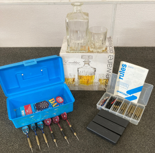 Assortment of Darts and (5) Piece Whiskey Set