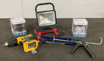 (2) Shower Heads, DeWalt Drill, LED Work Light, And More