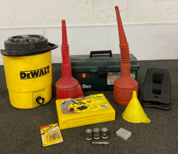 Tire Repair Toolbox, DeWalt Water Jug, Funnels, And More