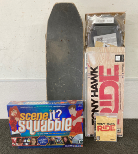 Skateboard, Tony Hawk Hard Ride Video Game w/ Board, & Scene it Squabble Board game