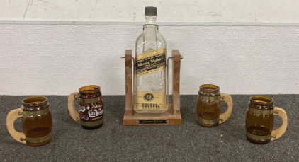 Johnnie Walker Display Stand and Bottle with (4) Brown Glass Mugs