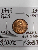 1949 MS68RD RARE GEM WHEAT COPPER PENNY