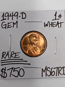 1949-D MS67RD GEM WHEAT COPPER PENNY